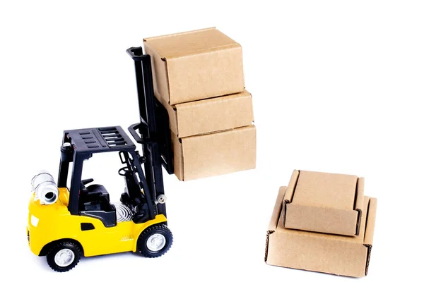 Mini Forklift Truck Load Cardboard Boxes Isolated White Background Logistics — Stock Photo, Image