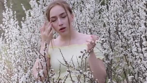 花の木の前で鼻を吹いてティッシュでくしゃみをする若い女性 季節性アレルゲンが人々に影響を与えます 美しい女性は鼻炎を持っている — ストック動画