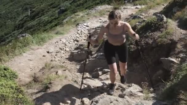Hikers Woman Hiking Sticks Goes Mountain Path — Stock Video