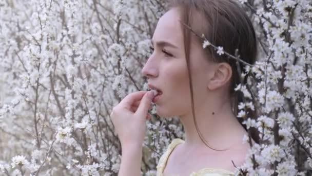 Mujer con alergia que sostiene las píldoras antialérgicas en los árboles florecientes de primavera - Retrato de una mujer alérgica rodeada de flores de temporada que sostiene el tratamiento — Vídeo de stock