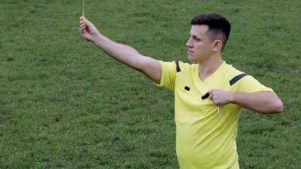 Árbitro Mostrando Amarelo Cartões Vermelhos Remover Jogador Durante Jogo Conceito — Vídeo de Stock