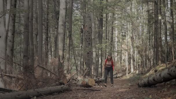 Woman Tourist Sitting Mountain Trail Holding Sore Leg First Aid — Stock Video