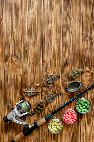 Accessoires Pour Pêche Carpe Appâts Pêche Sur Planches Bois Avec — Photo