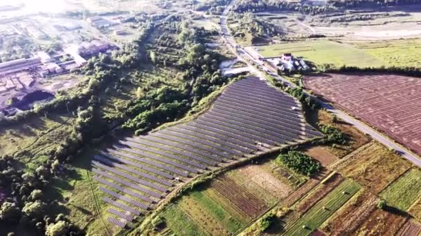 Paneles solares entre la naturaleza. Largas filas de paneles fotovoltaicos azules en el campo. Fuente sostenible de energía. Vista aérea superior. — Vídeo de stock