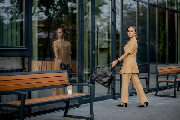 Business Women Style. Woman with Briefcase Going To Work. Portrait Of Beautiful Smiling Female In Stylish Office Clothes. High Resolution