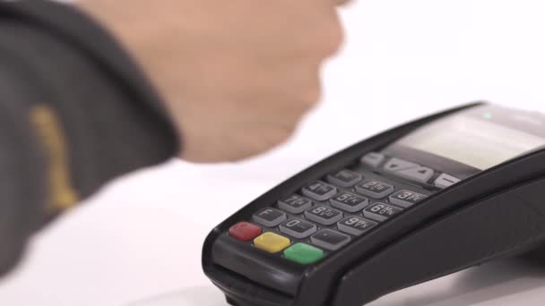 Betaling Een Handel Mobiele Nfc Technologie Verhoogd Zicht — Stockvideo