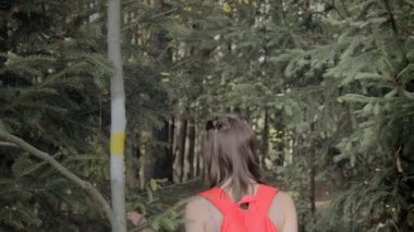 Sırt çantalı gezgin kadın ormanda yürüyor..