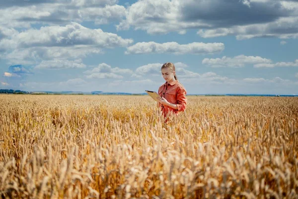 Woman Caucasian Technologist Agronomist Tablet Computer Field Wheat Checking Quality — Stock Photo, Image