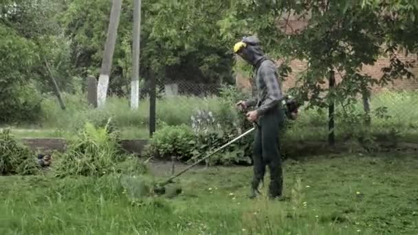 Arbetare Slåtter Högt Gräs Med Elektrisk Eller Bensin Gräsmatta Trimmer — Stockvideo