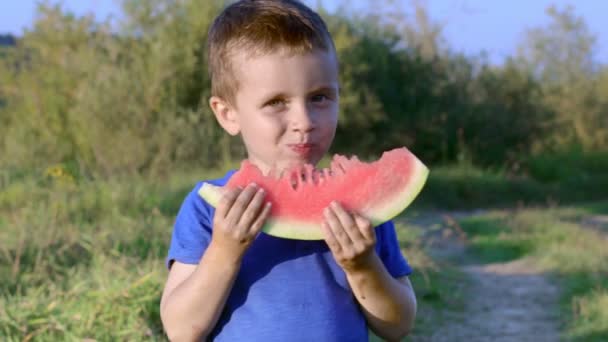 Tři Roky Staré Dítě Jedlo Kousek Melounu Zahradě Špinavá Tvář — Stock video