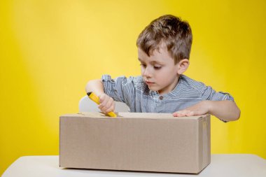 Şaşkın çocuk bir kutuyu açıyor ve şaşkınlıkla nefes nefese kutunun içeriğini görüyor ve bir video bloğu açıyor..