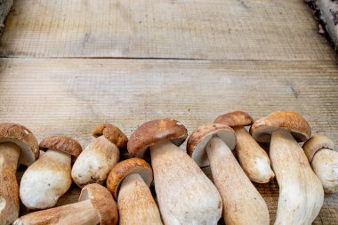 Tahta zeminin üzerinde mantar mantarı var. Autumn Cep Mantarları. Boletus Edulis 'i ahşap arka planda, ahşap kırsal masada yakalıyor. Lezzetli organik mantar pişiriyorum. Gurme yemekleri..