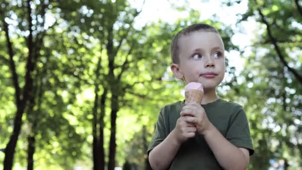 Lindo Niño Pequeño Comiendo Helado Niño Con Cara Sucia Comiendo — Vídeos de Stock