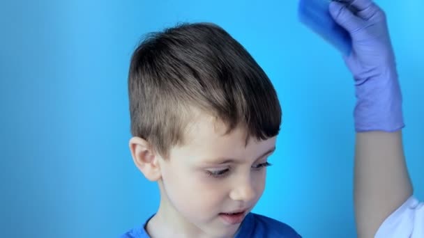Pediatrician Gloves Check Presence Lice Nits Small Child Pediculosis Kindergarten — Stock Video