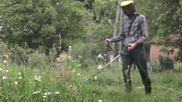 Arbetare Slåtter Högt Gräs Med Elektrisk Eller Bensin Gräsmatta Trimmer — Stockvideo