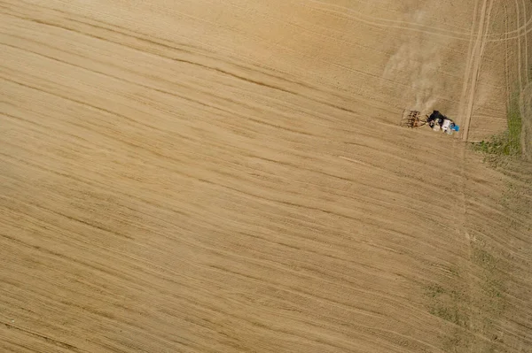 Aerial view large tractor cultivating a dry field. Top down aerial view tractor cultivating ground and seeding a dry field. Aerial tractor cuts furrows in farm field for sowing.