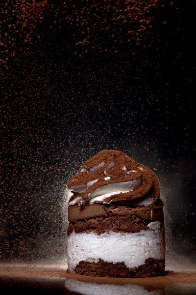 Вид Збоку Свіжий Запечений Шоколадний Торт Посипаний Какао Стільниці Темним — стокове фото