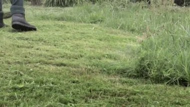 Elektrikli çim biçme makinesiyle çim biçen bir işçi. Bahçıvanlık malzemeleri ve ekipmanlar. Çim biçme makinesiyle çim biçme işlemi.