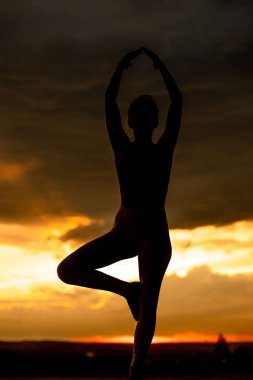 Gün batımı yogası. Gün batımında güzel yoga kızı silueti