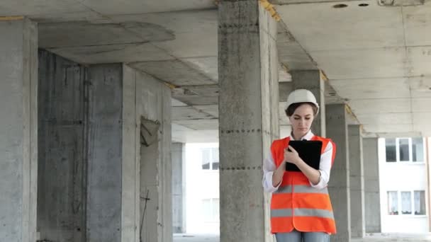 Construction Concept Engineer Architect Working Construction Site Woman Tablet Construction — Stock Video