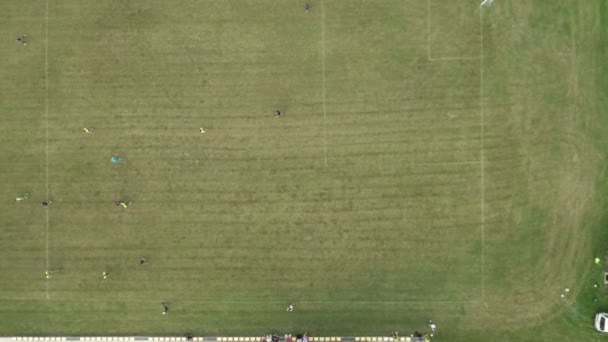 Αεροφωτογραφία Του Γηπέδου Ποδοσφαίρου Και Δύο Επαγγελματικές Ομάδες Που Παίζουν — Αρχείο Βίντεο