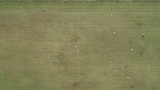 空中トップダウンサッカー場の眺めとサッカーをしている2つのプロチーム — ストック動画