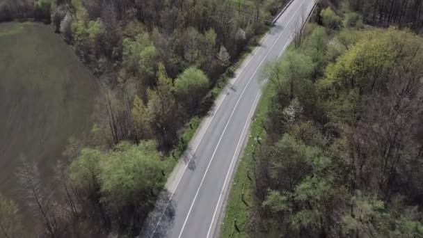 Аерофотозйомка автомобілів, що їздять по порожньому рейді уздовж дерев і полів — стокове відео