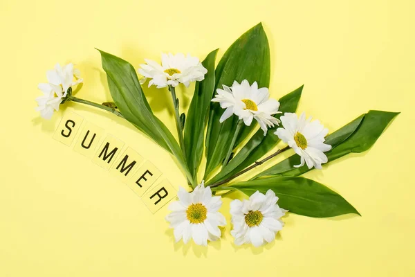 Text Summer Från Bokstäver Och Fält Kamomill Blommor Gul Bakgrund — Stockfoto