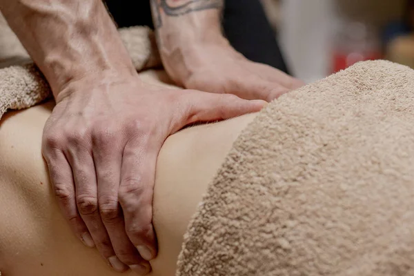 Young Woman Having Abdomen Massage Masseur Make Massage Stomach — Stock Photo, Image