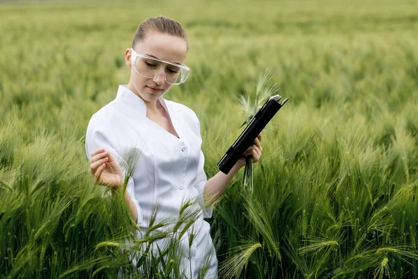 Young female ecologist scientist in goggles standing in green field and working on glass transparent screen.