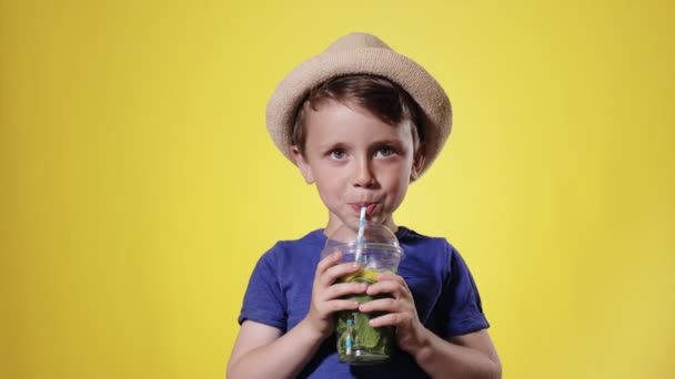 Χαριτωμένο Αγόρι Πίνοντας Mojito Κοκτέιλ Από Πλαστικό Κύπελλο Πάνω Από — Αρχείο Βίντεο