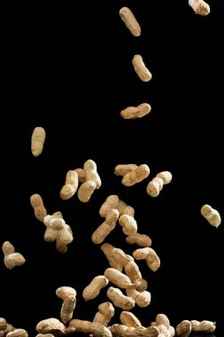 Siyah arka planda uçan fıstıkların gerçekçi dondurucu hareketi.