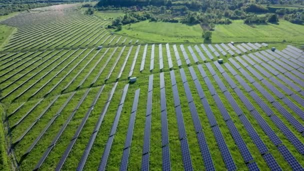 Aerial View Solar Power Station Green Field River Sunny Day — Stock Video