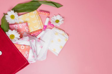 Kozmetik torbada adet tamponları ve pedler. Adet döngüsü. Hijyen ve koruma.