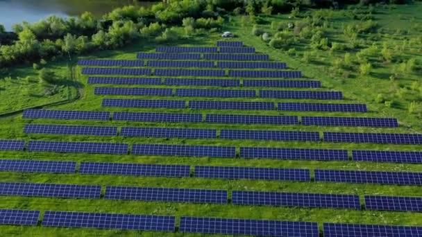 Aerial View Solar Power Station Green Field River Sunny Day — Stock Video