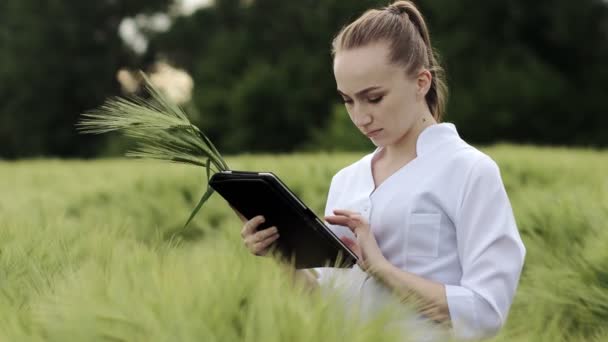 Jovem Agricultora Vestindo Roupão Branco Está Verificando Progresso Colheita Tablet — Vídeo de Stock