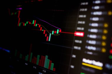 Borsa, ekranda kripto para çizelgesi. Şamdan çizelgesi, BTC. Çevrimiçi döviz piyasası. Takas, teklif. Kripto para biriminin izini sürüyorum. 4 bin. Kapat..