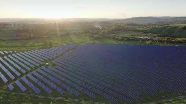 フィールドの生態系の太陽光発電所パネル日没の風景で緑のエネルギー電気革新自然環境 — ストック動画