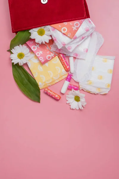 Menstruacyjne Tampony Ochraniacze Kosmetycznej Torbie Cykl Menstruacji Higiena Ochrona — Zdjęcie stockowe
