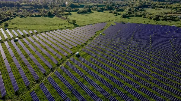 Ecología Paneles Centrales Solares Los Campos Energía Verde Atardecer Paisaje —  Fotos de Stock