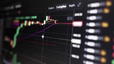 Borsa, ekranda kripto para çizelgesi. Şamdan çizelgesi, BTC. Çevrimiçi döviz piyasası. Takas, teklif. Kripto para biriminin izini sürüyorum. 4 bin. Kapat..