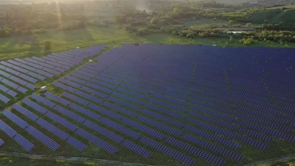 フィールドの生態系の太陽光発電所パネル日没の風景で緑のエネルギー電気革新自然環境 — ストック動画