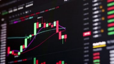 Kripto döviz borsasının zaman aşımına uğramış. Finans piyasası şamdan grafiğini gösteren bir bilgisayar ekranında işlem yapıyor.