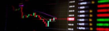 Borsa, ekranda kripto para çizelgesi. Şamdan çizelgesi, BTC. Çevrimiçi döviz piyasası. Takas, teklif. Kripto para biriminin izini sürüyorum. 4 bin. Kapat..