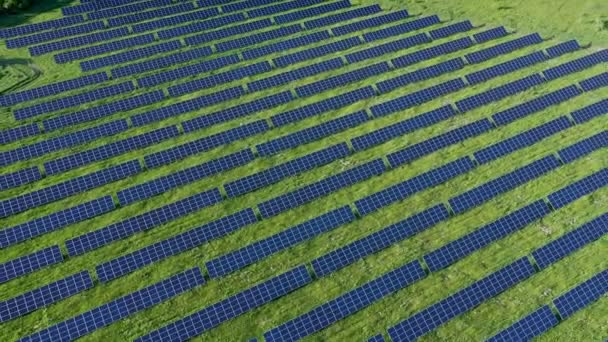 Вид Повітря Сонячну Електростанцію Зеленому Полі Біля Річки Сонячний День — стокове відео