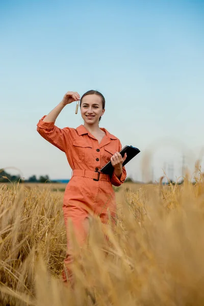 Agronomist holding test tube with barley grains in field, closeup. Cereal farming, oncept of wheat testing.