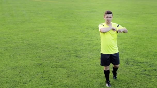 Árbitro Futebol Mostrando Penalidade Cartão Amarelo Vermelho Remove Jogador Conceito — Vídeo de Stock