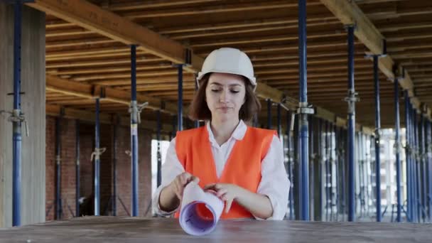 Architect Engineer Working Browsing Building Project Indoor Construction Site Blueprint — Stock Video