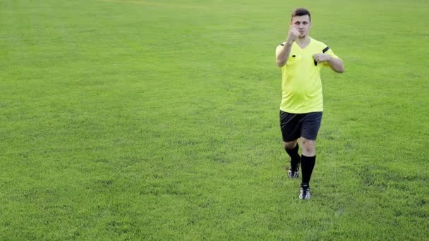 Fußball Schiedsrichter Zeigt Gelbe Karte Sportbegriff Regelverstoß Abseits — Stockvideo