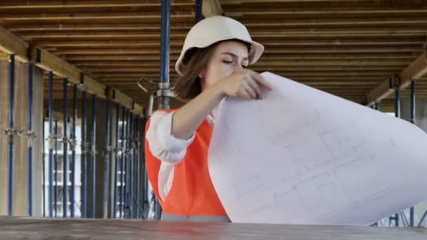 Architect Engineer Working Browsing Building Project Indoor Construction Site Blueprint — Stock Video